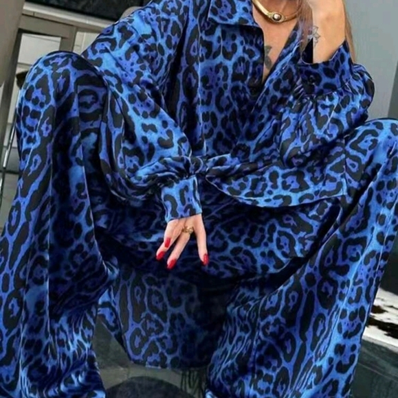 2pcs Women's Leopard Print Collar Long Sleeve Top And Pants Casual Suit - Picture 3 of 3